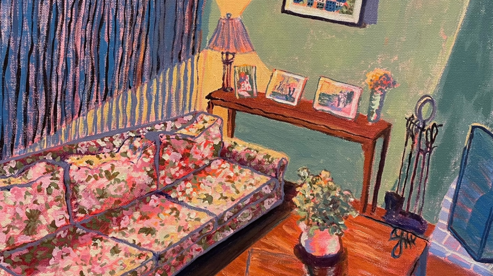 Oil on canvas painting of a couch in a living room with a lit lamp in the corner